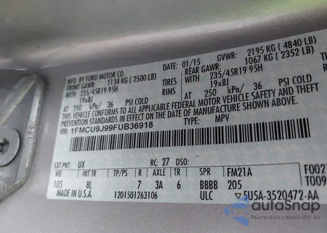 2015 Ford Escape Titanium из США, поврежденный, VIN 1FMCU9J99FUB36918